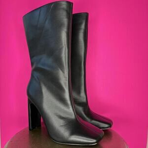 Boohoo Black Faux Leather Square Toe Wide Fit Heeled Mid Calf Boot EU 39 W